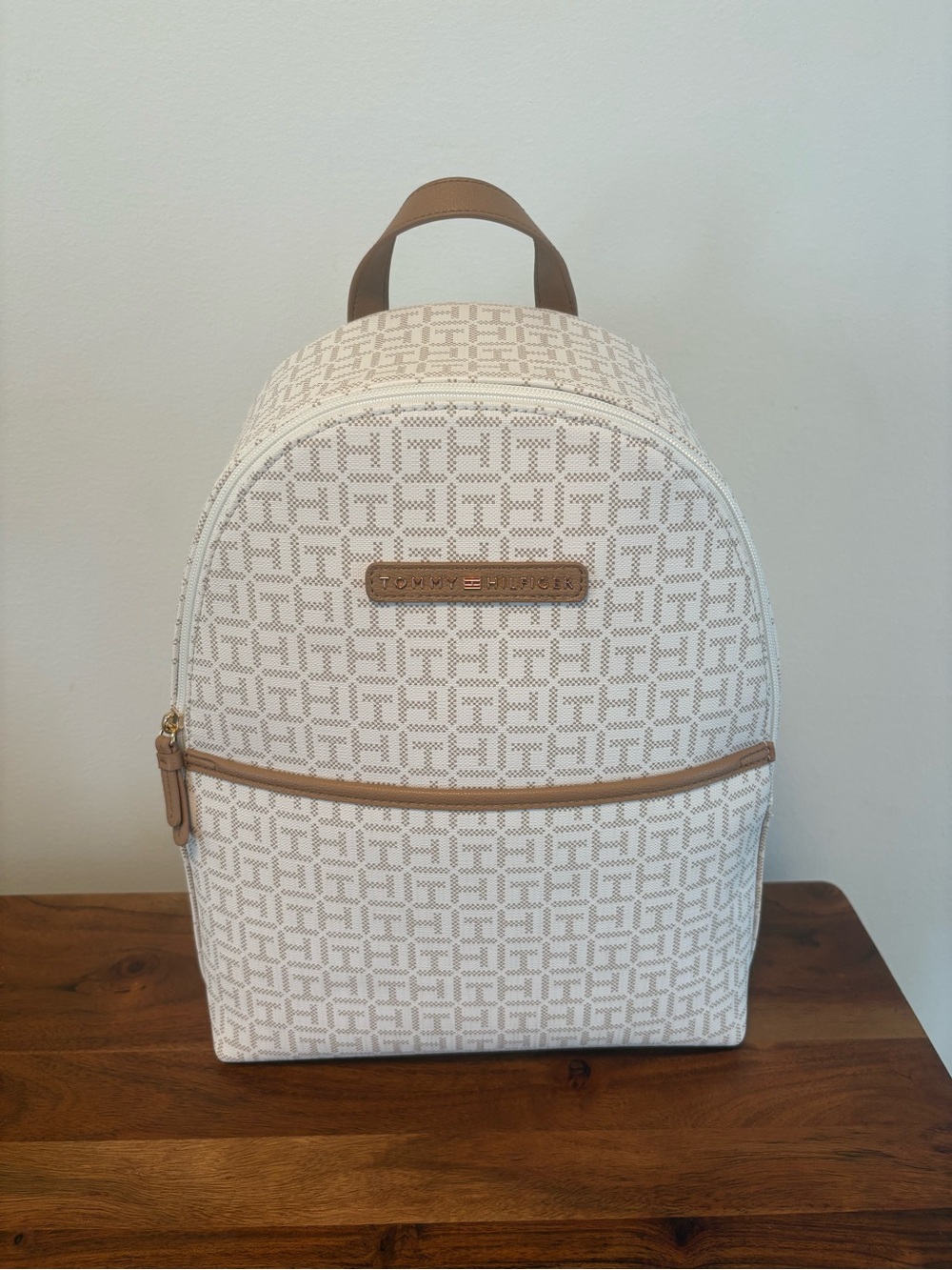 Tommy Hilfiger White and Tan Monogram Backpack